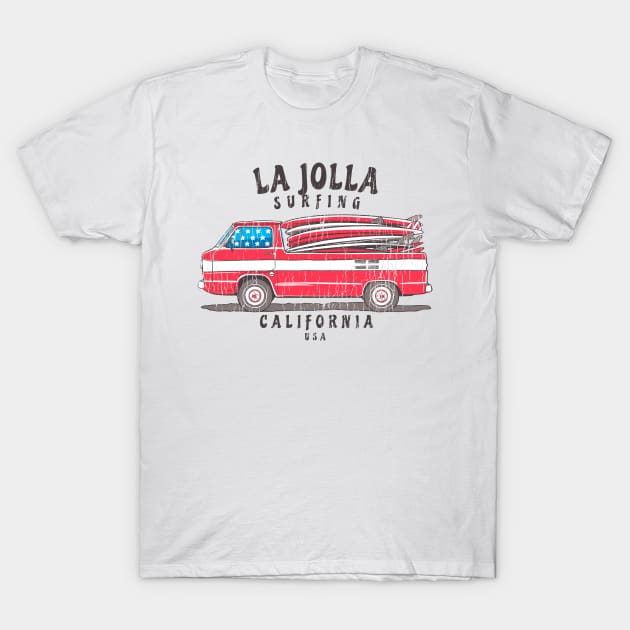 La Jolla, California Patriotic Surfing T-Shirt by Contentarama